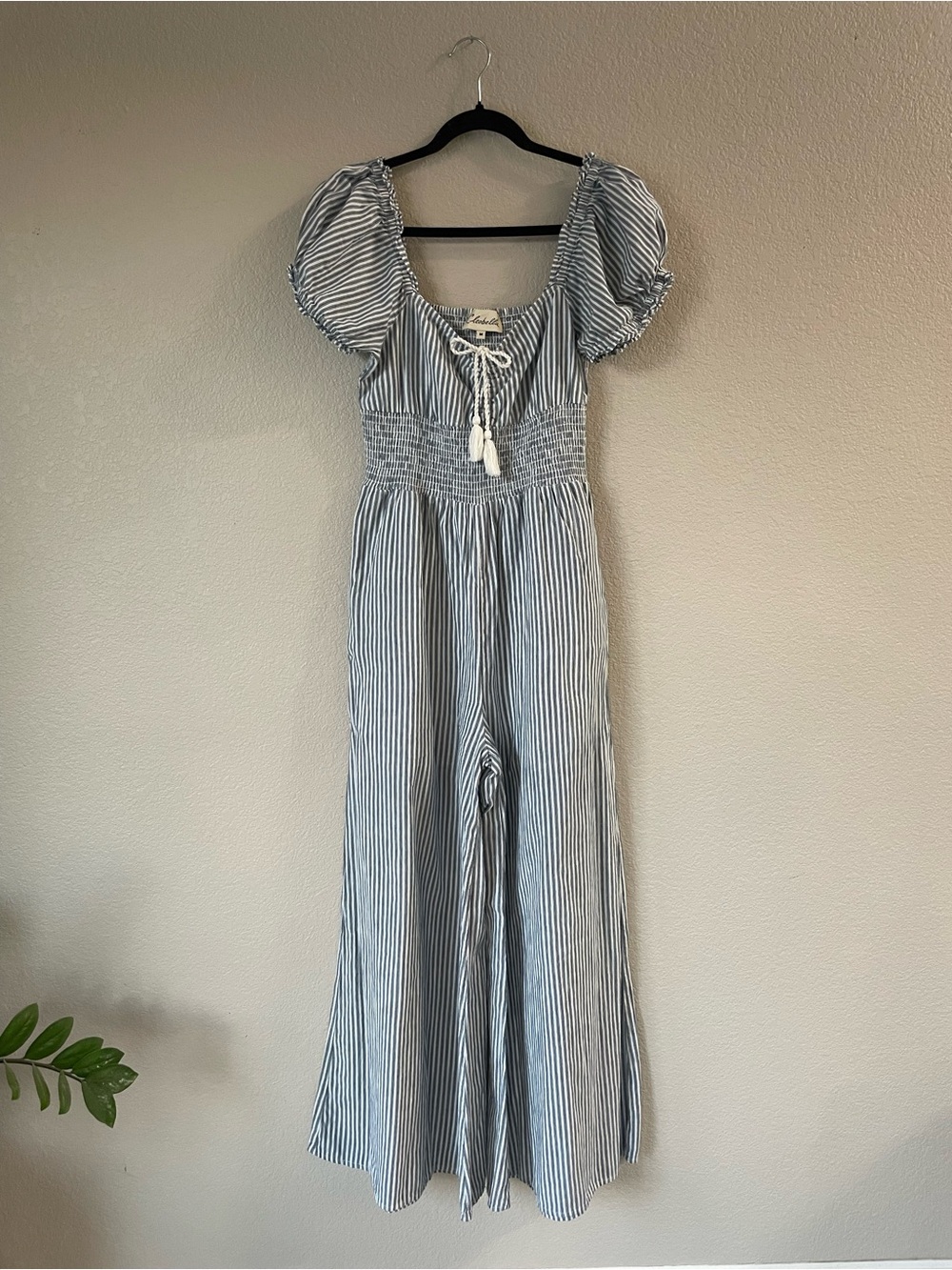 Cleobella Lilly Blue and White Striped 100% cotton Jumpsuit Puff Sleeve Nautical